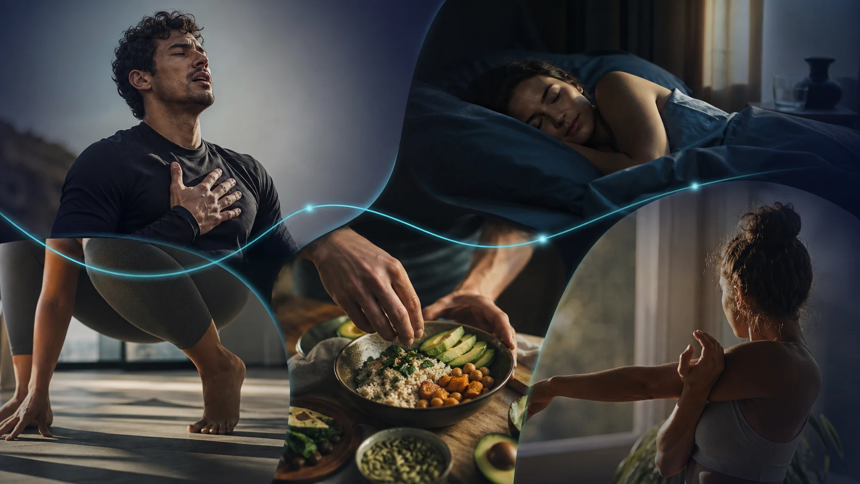 An editorial mosaic of functional domains: controlled breathing after effort, sleep, mobility, food preparation, and recovery.