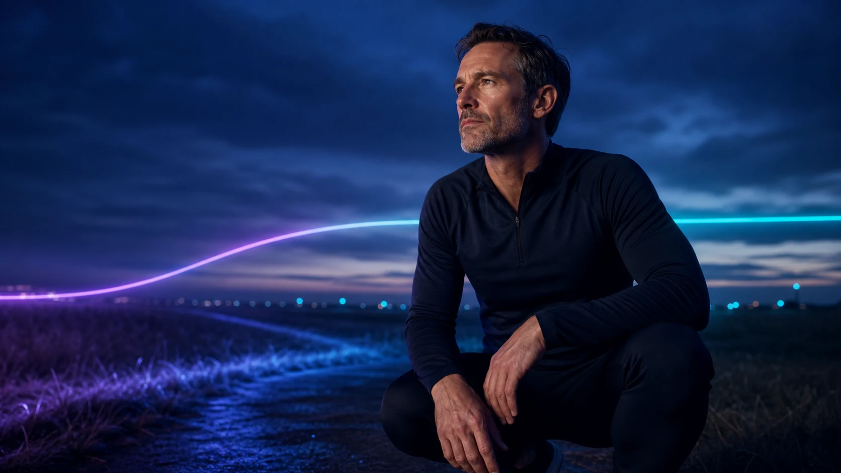 A focused adult resting after a run at dusk, a luminous violet-to-cyan trajectory rising across the landscape behind them.