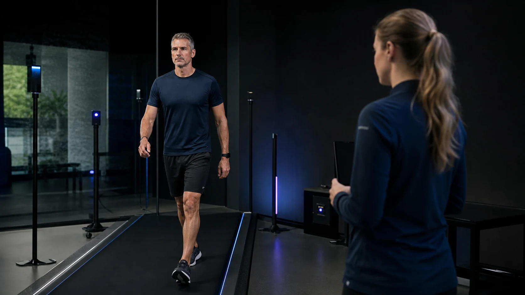 A participant completing a gait assessment in a modern performance measurement space while a coach observes.